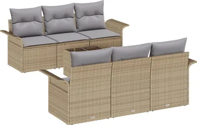 Produktbild von Möbel 7-teiliges Garten Sofa Set mit Kissen Beige Poly Rattan, 2-Sitzer Garten Sofa mit Stauraum & Kissen Beige Poly Rattan - Gartensofas 3353919