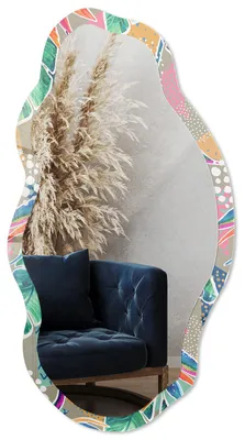 Produktbild von Dekorativer Wandspiegel mit Print, organische asymmetrische Form, 90x45 cm, moderner Designspiegel für Wohnzimmer, Flur und Schlafzimmer - Tropische Blätter, KI-generiertes Bild