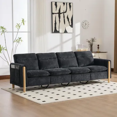 Produktbild von okwish Wohnzimmersofa Vier Sitzplätze mit zwei Hockern und Stauraum, U-förmiges Sofa mit Seitentaschen, Schlafsofa mit Holzbeine, Chenille, Schwarz