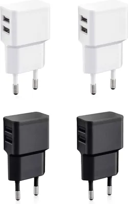 Produktbild von Wicked Chili 4 Stück Dual USB Ladegerät, Universal 90° Netzteil abgewinkelt für Handy, Watch, Powerbank, Bluetooth Speaker, Doppel Ladegerät Netzadapter (12 Watt, 2400mA, schwarz / weiss)