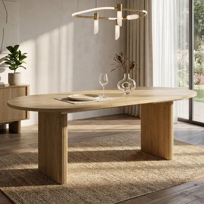 Zdjęcie produktu dla Rozkładany stół jadalniany 140/200 x 90 cm dla 6–8 osób, stół do jadalni z blatem o grubości 3 cm, zaokrąglonymi narożnikami i nogami z listew, kolor dębowy