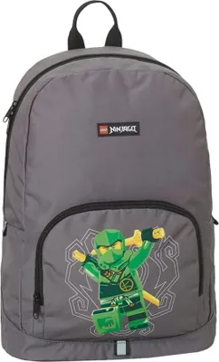 A gray backpack with a Ninjago character graphic.