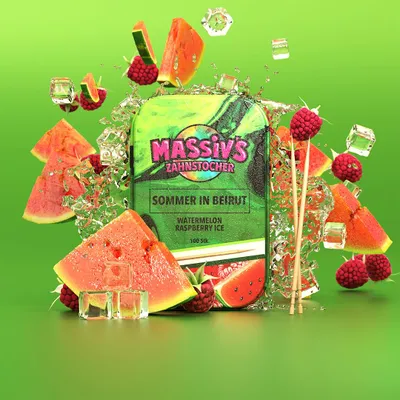 Produktbild von Massiv's Zahnstocher - Zahnstocher mit Geschmack – SOMMER IN BEIRUT Watermelon Raspberry Ice – 100 aromatisierte Zahnstocher – frischer Atem – stylische Metalldose – vegan, zuckerfrei