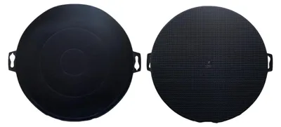 Two black round objects, likely filters, are shown from different angles against a white background.