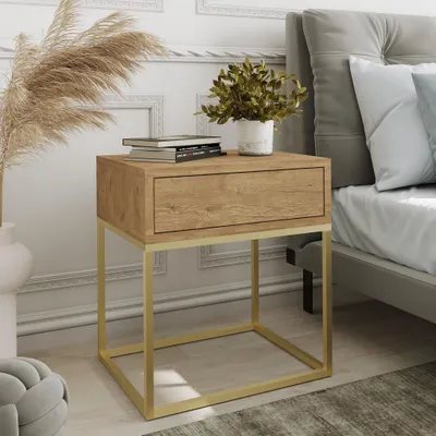 Produktbild von AX LIVING Nachttisch Kommode Aleio 45 cm Eiche Wotan, goldenes Gestell