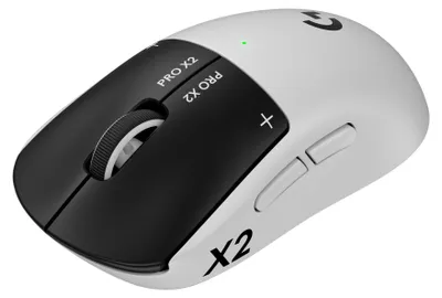 Produktbild von Logitech G PRO X2 SUPERSTRIKE, rechts, Optisch, RF Wireless + USB Type-C, 44000 DPI, 0,125 ms, Schwarz, Weiß