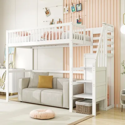 Produktbild von okwish Hochbett Stockbett 90x200cm mit Treppe, Kinderbett Bettgestell aus Holz mit Aufbewahrungsregal, einfacher Kleiderschrank, Weiß-Ohne Matratze