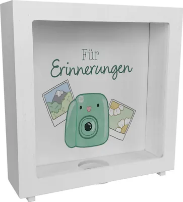 Produktbild von Kamera Rahmen Spardose aus Holz mit Spruch Für Erinnerungen