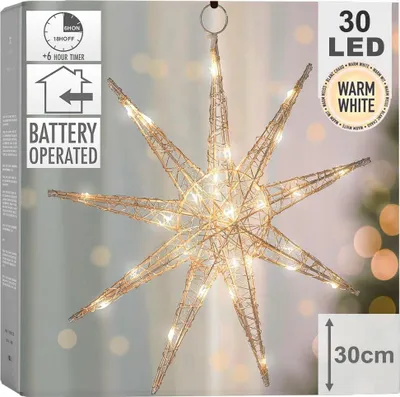 Obrázok produktu pre Závesná vianočná hviezda 30 cm s 30 LED svetlami, zlatá farba