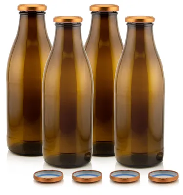 Milch Glasflaschen braun im Set mit 4 Flaschen und Ersatzdeckeln kupfer