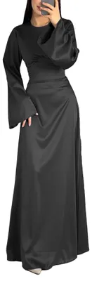 Produktbild von xxxiticat Langes Damenkleid aus Seidensatin, Lange Ärmel, Rundhalsausschnitt, Sc