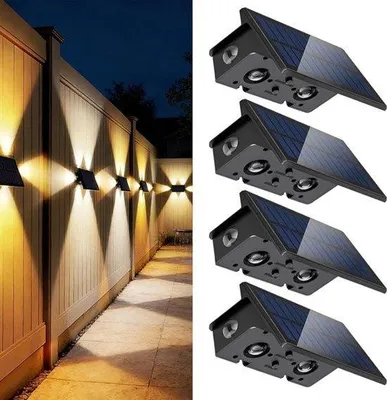 Imagen del producto de Lámparas solares para exteriores, pack de 4, iluminación LED impermeable para jardín y balcón, lámpara de pared decorativa con luz ascendente y descendente, certificación IP65