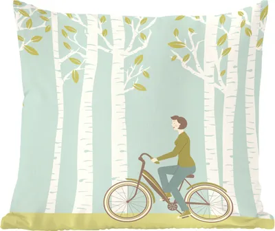 Produktbild von MuchoWow® Zierkissen Sofakissen Wohnzimmer Dekokissen 40x40 cm Illustration einer Frau, die mit dem Fahrrad vor einem Birkenwäldchen fährt - Foto Kissen - Schlafzimmer Dekoration