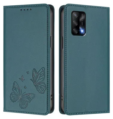Produktbild von Lederhülle für Oppo A74 4G/A95 4G/F19/F19s, Schmetterling Prägung Leder Brieftasche Schutzhülle mit Ständer Grün