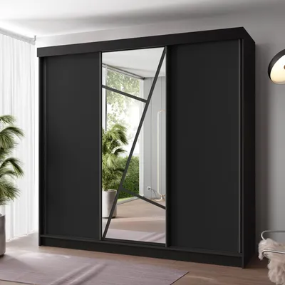 Produktbild von FurMeb24 Schiebetürenschrank LOE 200x205x59 cm Kleiderschrank mit Spiegel, 3-türiger Schiebeschrank (SCHWARZ/SCHWARZ)
