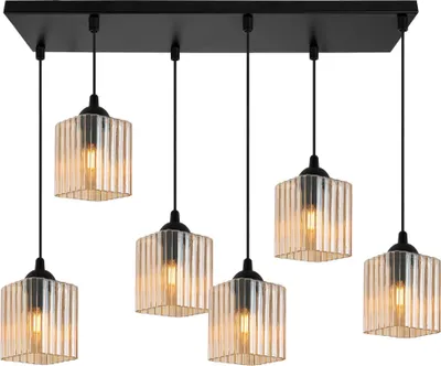 Image de Suspension Riffle noire à 6 ampoules avec abat-jours cubiques couleur miel E27 – suspension élégante pour un éclairage intérieur moderne