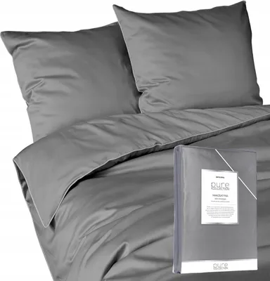 A gray duvet cover and pillowcases are neatly folded and presented, with a packaging insert showing product details.