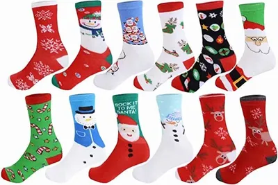 Produktbild von 12 Paar Uni Weihnachtssocken Christmas Socks Weihnachtsmotiv Weihnachten Festlicher Baumwolle Socken Mix Design für Damen und Herren