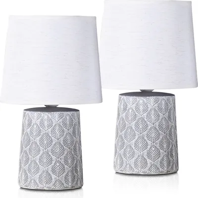Produktbild von 2er Set BRUBAKER Tisch- oder Nachttischlampen 33 cm Grau Hellgrau Blatt Ornamente und Leinen Schirme Weiß