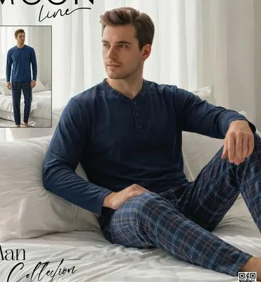 Immagine prodotto di Pigiama da uomo blu XXL in cotone, maniche lunghe M-75