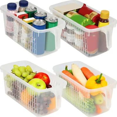 Produktbild von Kurtzy Kühlschrank Organizer & Küchenschrank Aufbewahrungsbox mit Handgriff (4 stk) - 32 cm Länge - Durchsichtige Kunststoff Containers für