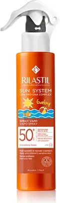 A product shot of a sunscreen spray bottle.