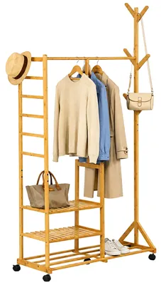 Produktbild von Relaxdays Kleiderständer mit Rollen, Bambus, 4 Ablagen, Garderobenbaum, HxBxT: 176 x 100 x 38 cm, Rollgarderobe, natur