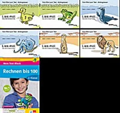 Produktbild von Lies mal Heft 1 Ente, 2 Frosch, 3 Robbe, 4 Krake, 5 Erdmännchen, 6 Löwe neue Version u Mein Test-Block Rechnen bis 100 2. Klasse: Block mit Online-Übungen