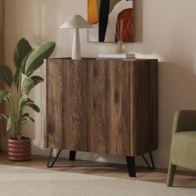 Produktbild von Kommode 'Trorlon' mit 2 Türen 83 x 80 x 40 cm Walnussoptik / Travertin