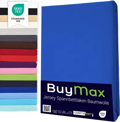 Produktbild von Buymax Topper Spannbettlaken Jersey Spannbetttuch 100% Baumwolle Bettlaken bis 12 cm Matratzenhöhe, 200x200 cm, Dunkelblau
