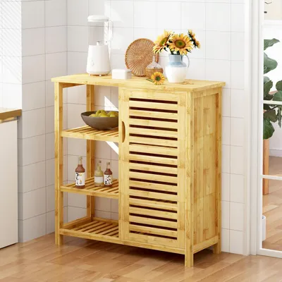 Image de Armoire de salle de bain, meuble avec porte et étagères, en bambou, autoportant