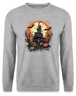 Produktbild von Spreadshirt Halloween Spukhaus Mit Kürbissen Und Vollmond Uni Pullover, XXL, Weißgrau meliert