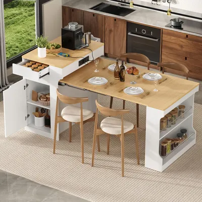 Immagine prodotto di Isola da cucina MODFU con ruote, piano estendibile 98 cm, tavolo multifunzionale con prese di corrente, spazio contenitivo, cassetti, funzione credenza, colore bianco