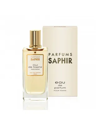 A bottle of Saphir Oui de Saphir perfume and its packaging are displayed against a white background.
