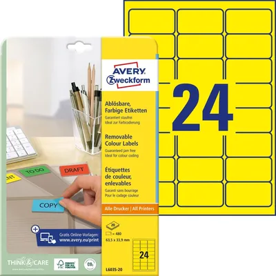 Obrázek produktu pro Avery L6035-20, Žlutá, Zaoblený obdélník, Vyjímatelná, 63.5 x 33.9 mm, A4, Papír