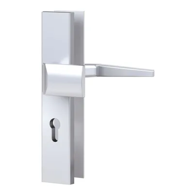 A silver door handle with a keyhole is shown against a white background.