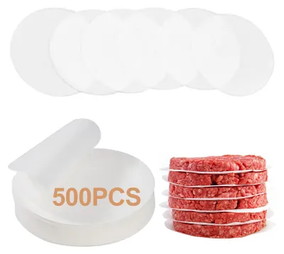 Produktbild von 500 Stück 13 cm runde Burger-Papierblätter, 5,1 Zoll antihaftbeschichtete Wachsscheiben, vorgeschnittenes Pergamentpapier, lebensmittelechtes Hamburger-Patty-Papier zum Backen von Fleisch, Rindfleisch, Keksen und Kuchen