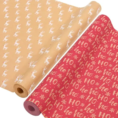 Immagine prodotto di Carta da regalo natalizia, set da 2 rotoli di carta kraft, 43 cm x 15 m, con motivo di fiocchi di neve e renne