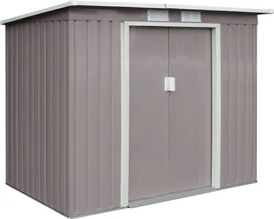 A gray metal garden shed with double doors and a white roof trim, shown against a white background.