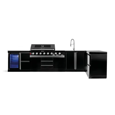 An outdoor kitchen unit with a grill, refrigerator, sink, and storage.