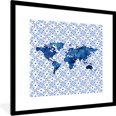 Produktbild von MuchoWow® Gerahmtes Poster Karte - Welt - Delfter Blau 40x40 cm - Poster mit Schwarzem Bilderrahmen Wandposter Rahmen Foto Bilder - Poster - Plakat im Rahmen