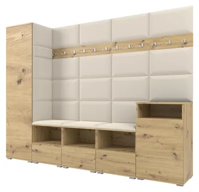 Produktbild von Garderobe NELA XI 250 cm Modulare Flurmöbel Artisan Eiche mit Sitzpolster Creme 01 (Großes Set)