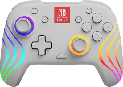 A white Nintendo Switch controller with colorful LED accents.