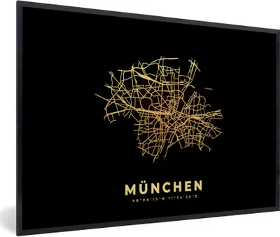 Produktbild von MuchoWow® Gerahmtes Poster Gold - Karte - München - Stadtplan 90x60 cm - Poster mit Schwarzem Bilderrahmen Wandposter Rahmen Foto Bilder - Fotorahmen - Foto-Plakat