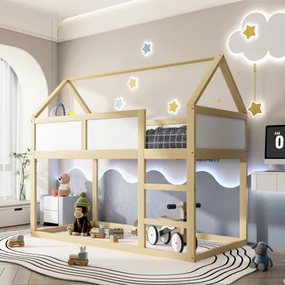 Produktbild von UnboxG Etagenbett -Kinderbett 90x200cm mit Lattenrost, Kinderbett mit Leiter, Hausbett mit Rausfallschutz, Einzelbett Massivholzbett, Holzfarbe