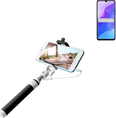 Produktbild von K-S-Trade Selfie Stick kompatibel mit Huawei Honor 30 Lite Selfiestick kabelgebunden Monopod mit Kabel Stab Stange Selfportrait Handheldstick schwarz