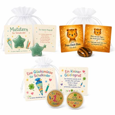 Produktbild von MilaBoo Einschulung Geschenk Set 1 – Naturstein Glücksstein mit Karte & Organzasäckchen – Mutstein als Schultüten-Füller für Schulanfang & 1. Schultag