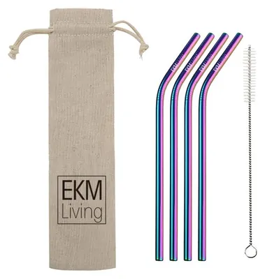 Zdjęcie produktu dla Zestaw słomek ze stali nierdzewnej EKM Living 12 Rainbow zakrzywionych GmbH, słomki do picia, odporne na złamanie, wielokrotnego użytku, można myć w zmywarce, nie zawierają plastiku (Rainbow zakrzywione, 12)
