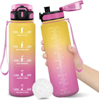 Produktbild von Trinkflasche, 1000 ml, BPA-frei, Wasserflasche, auslaufsicheres Verschluss-Design, Trinkflaschen, mit Zeitstempel, Trinkflasche für Kinder, auslaufsic