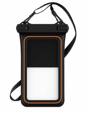 A black waterproof phone pouch with an orange trim and a white transparent window, shown against a white background with a black lanyard attached.